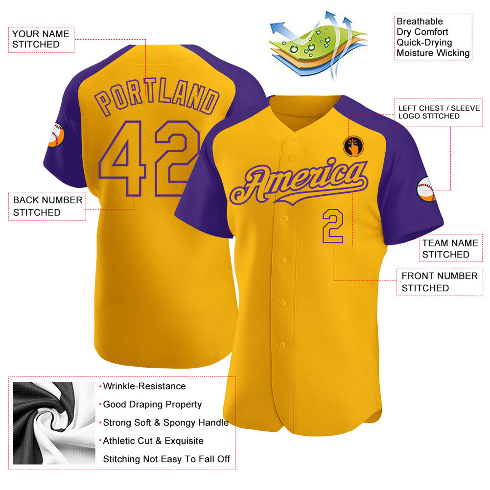 Custom Gold Purple Authentic Raglan Sleeves Baseball Jersey view 3