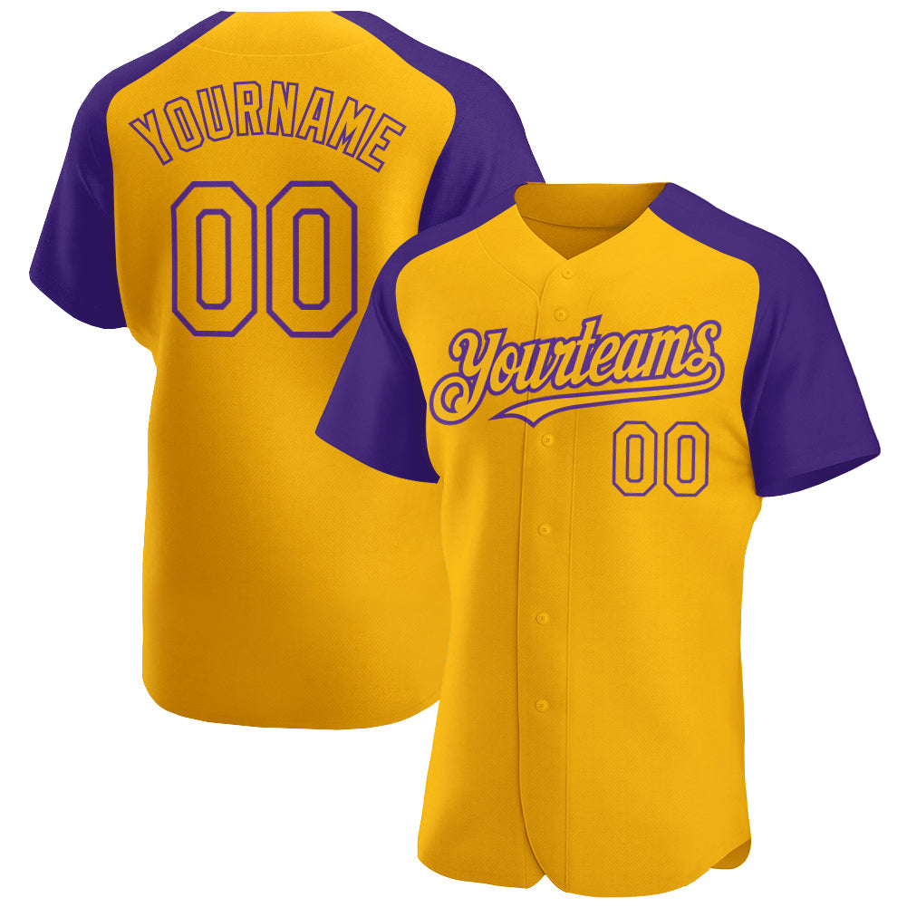 Custom Gold Purple Authentic Raglan Sleeves Baseball Jersey - Main View