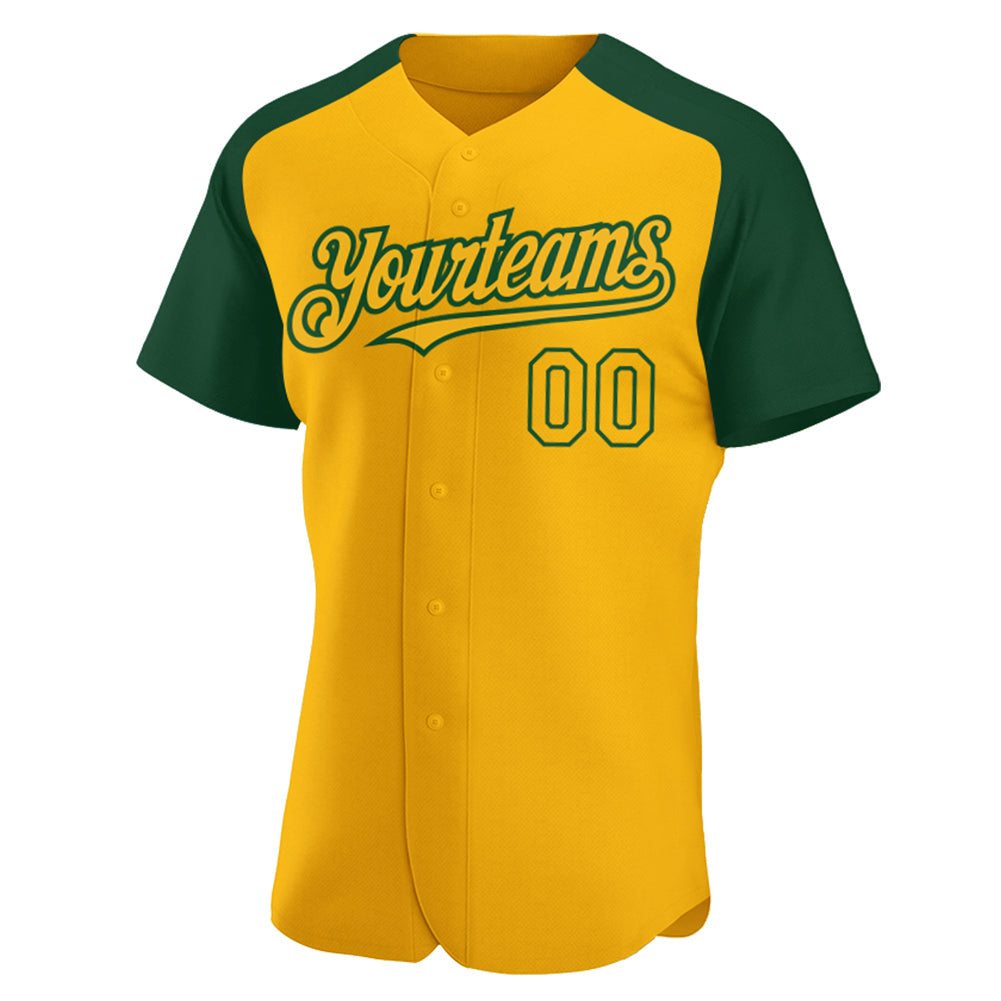 Custom Gold Green Authentic Raglan Sleeves Baseball Jersey view 2