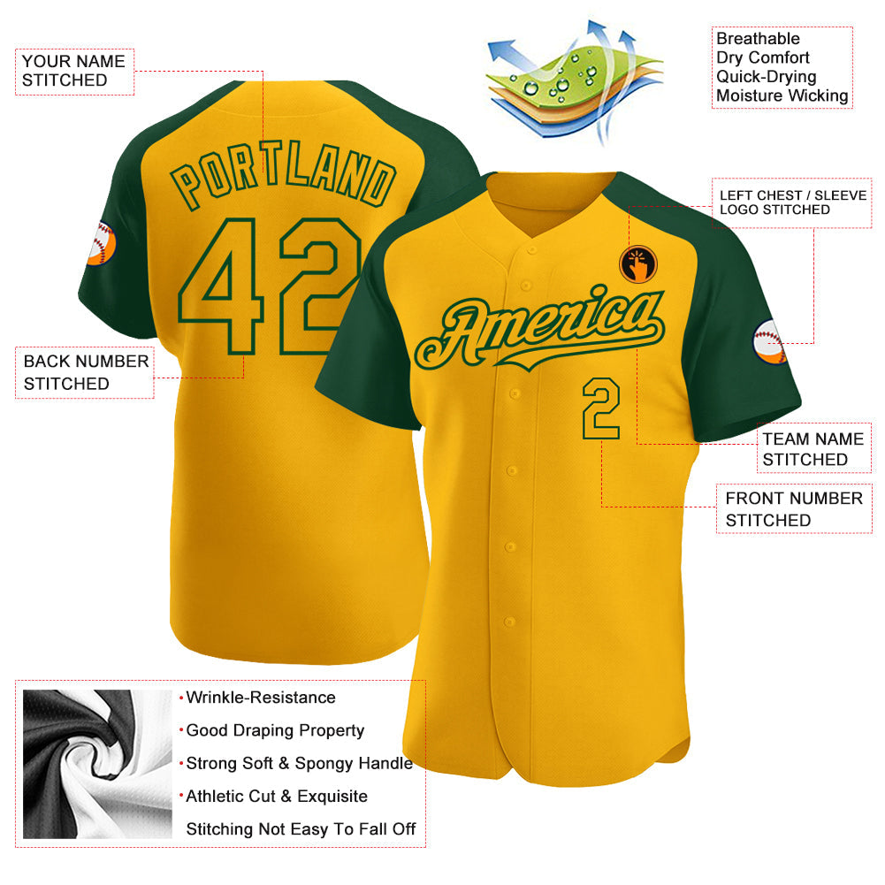 Custom Gold Green Authentic Raglan Sleeves Baseball Jersey view 3