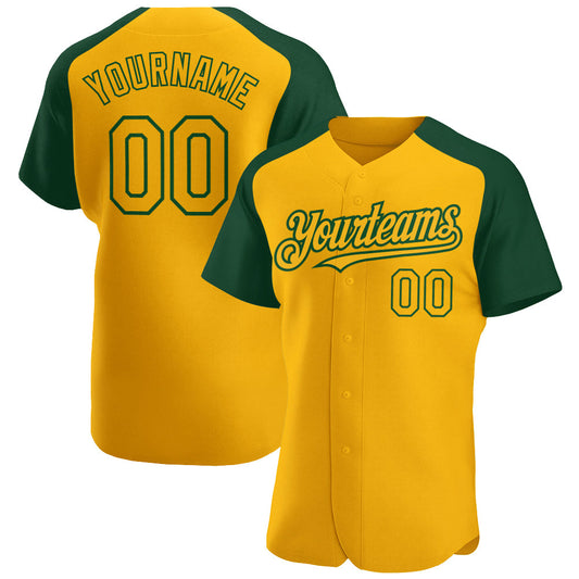 Custom Gold Green Authentic Raglan Sleeves Baseball Jersey - Main View