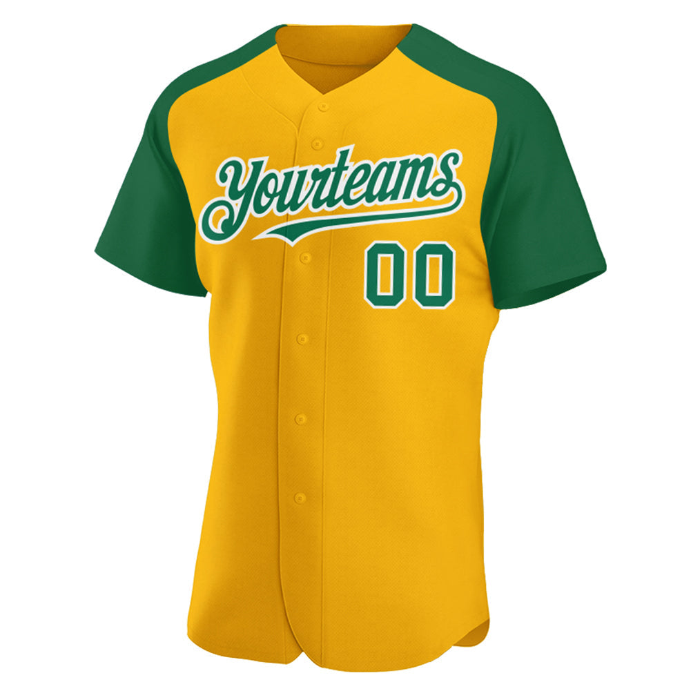 Custom Gold Kelly Green-White Authentic Raglan Sleeves Baseball Jersey view 2