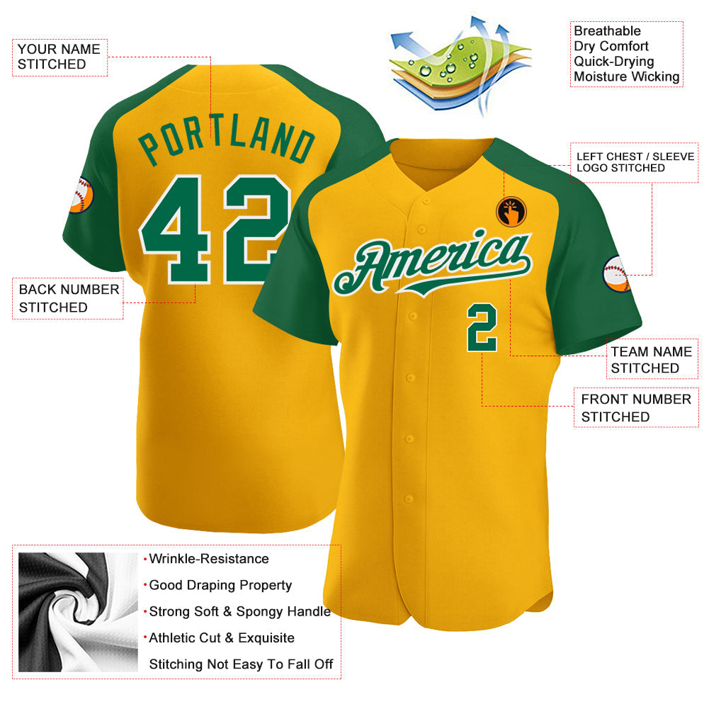 Custom Gold Kelly Green-White Authentic Raglan Sleeves Baseball Jersey view 3