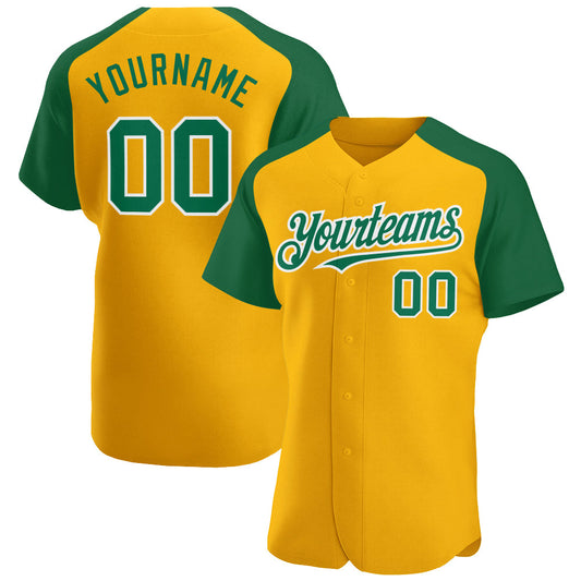 Custom Gold Kelly Green-White Authentic Raglan Sleeves Baseball Jersey - Main View