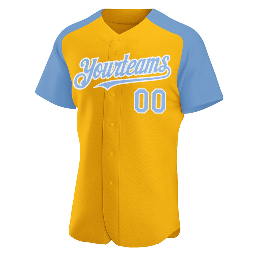 Custom Gold Light Blue-White Authentic Raglan Sleeves Baseball Jersey view 2