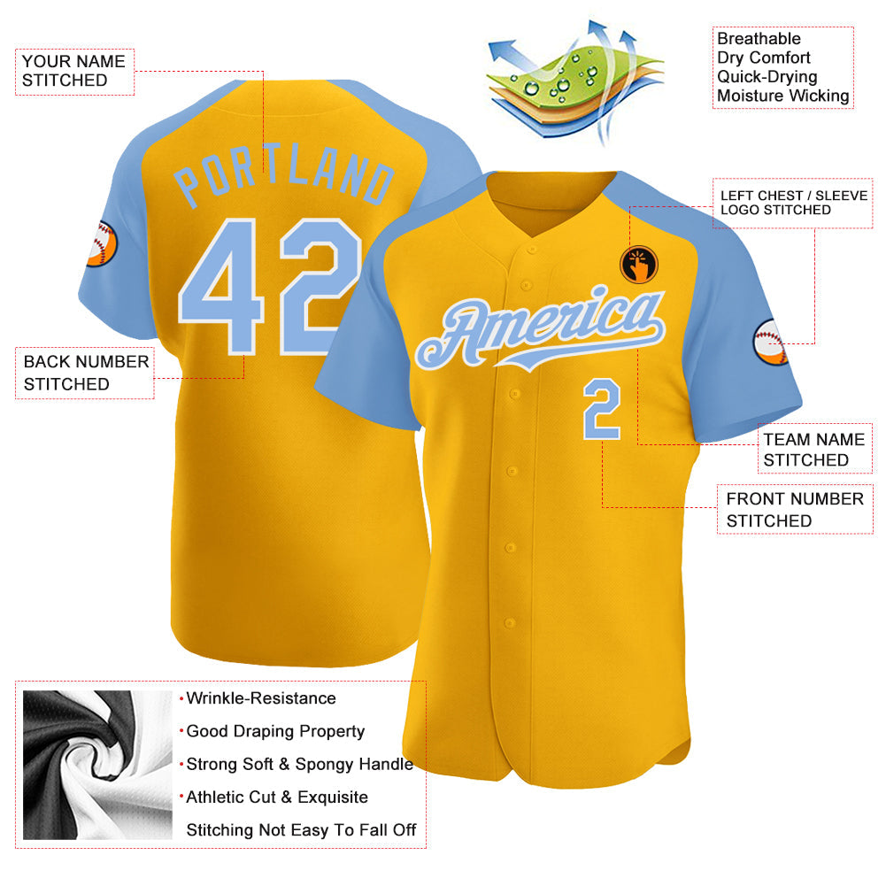 Custom Gold Light Blue-White Authentic Raglan Sleeves Baseball Jersey view 3
