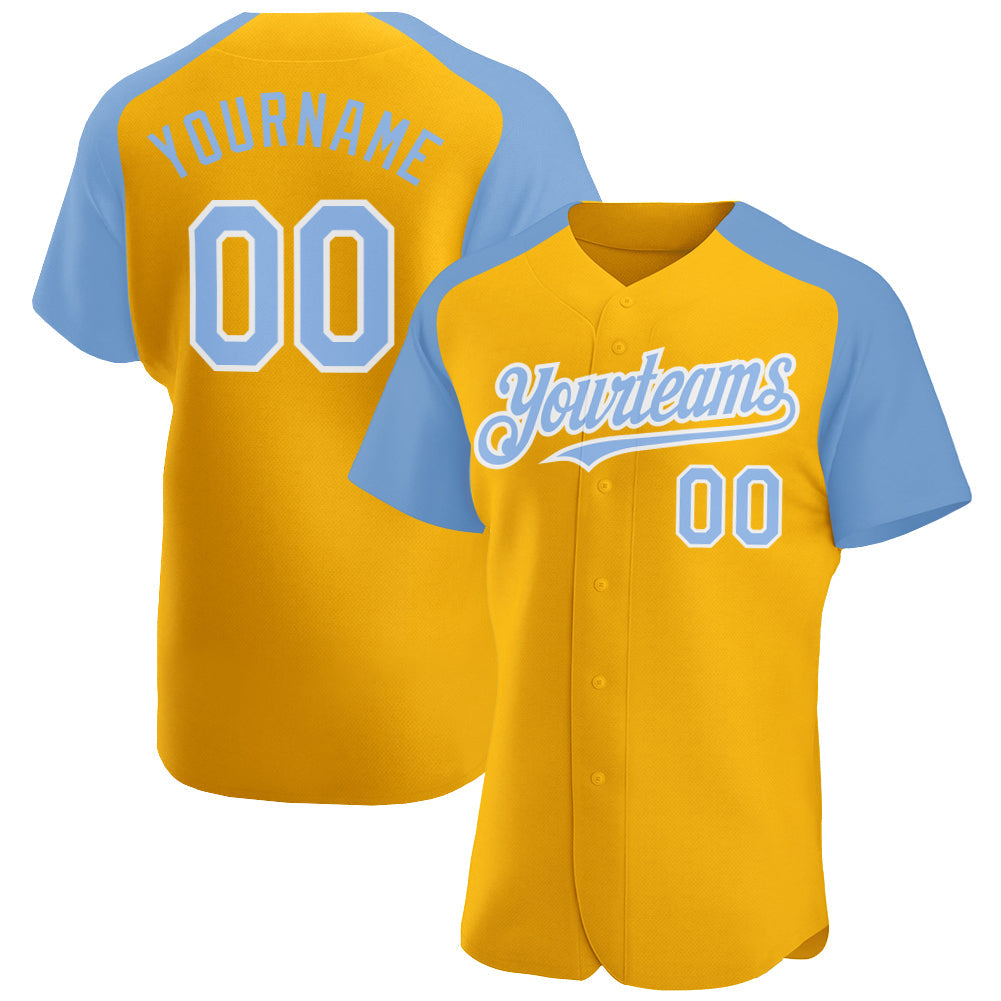 Custom Gold Light Blue-White Authentic Raglan Sleeves Baseball Jersey - Main View