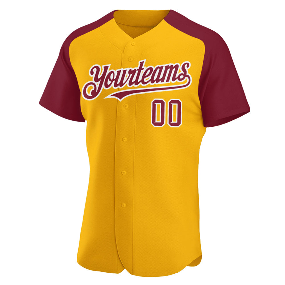 Custom Gold Crimson-White Authentic Raglan Sleeves Baseball Jersey view 2
