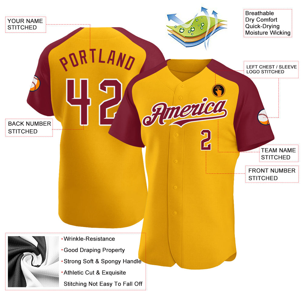 Custom Gold Crimson-White Authentic Raglan Sleeves Baseball Jersey view 3
