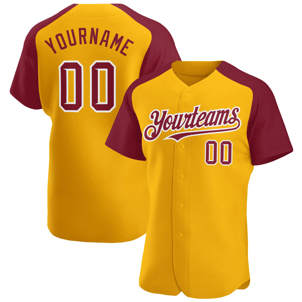 Custom Gold Crimson-White Authentic Raglan Sleeves Baseball Jersey - Main View