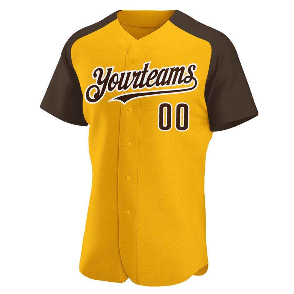 Custom Gold Brown-White Authentic Raglan Sleeves Baseball Jersey view 2