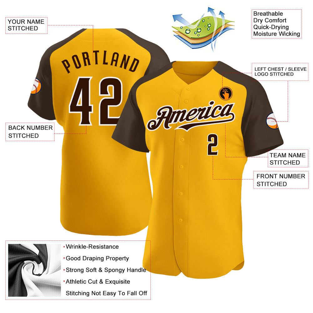 Custom Gold Brown-White Authentic Raglan Sleeves Baseball Jersey view 3