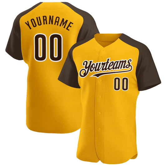 Custom Gold Brown-White Authentic Raglan Sleeves Baseball Jersey - Main View