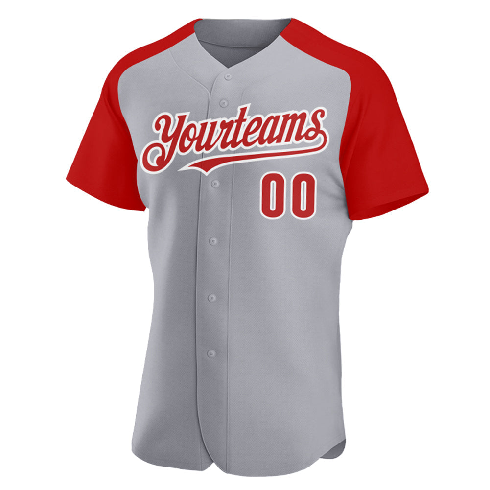 Custom Gray Red-White Authentic Raglan Sleeves Baseball Jersey view 2