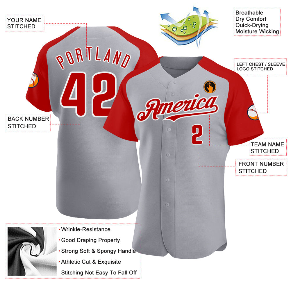Custom Gray Red-White Authentic Raglan Sleeves Baseball Jersey view 3