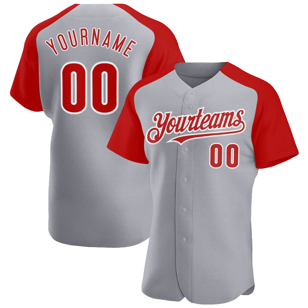 Custom Gray Red-White Authentic Raglan Sleeves Baseball Jersey - Main View