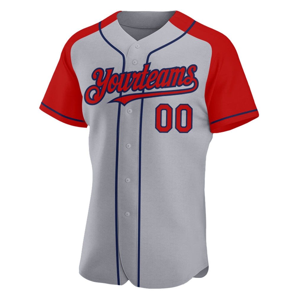 Custom Gray Red-Navy Authentic Raglan Sleeves Baseball Jersey view 2