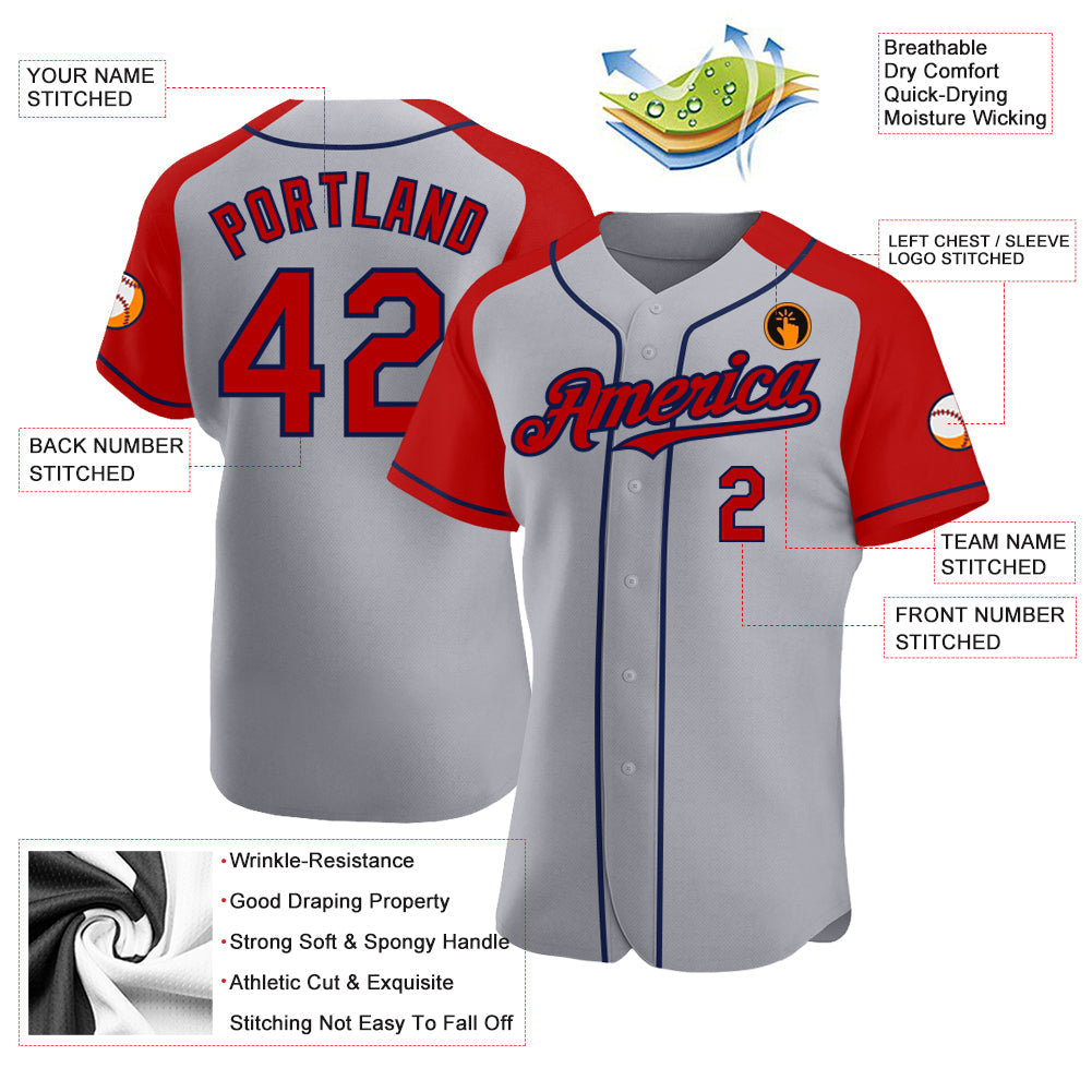 Custom Gray Red-Navy Authentic Raglan Sleeves Baseball Jersey view 3