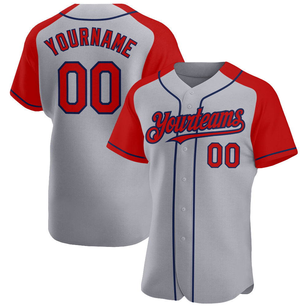 Custom Gray Red-Navy Authentic Raglan Sleeves Baseball Jersey - Main View