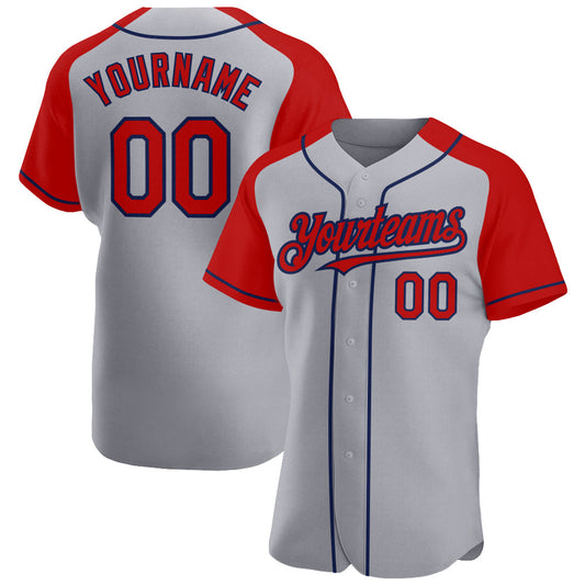 Custom Gray Red-Navy Authentic Raglan Sleeves Baseball Jersey - Main View
