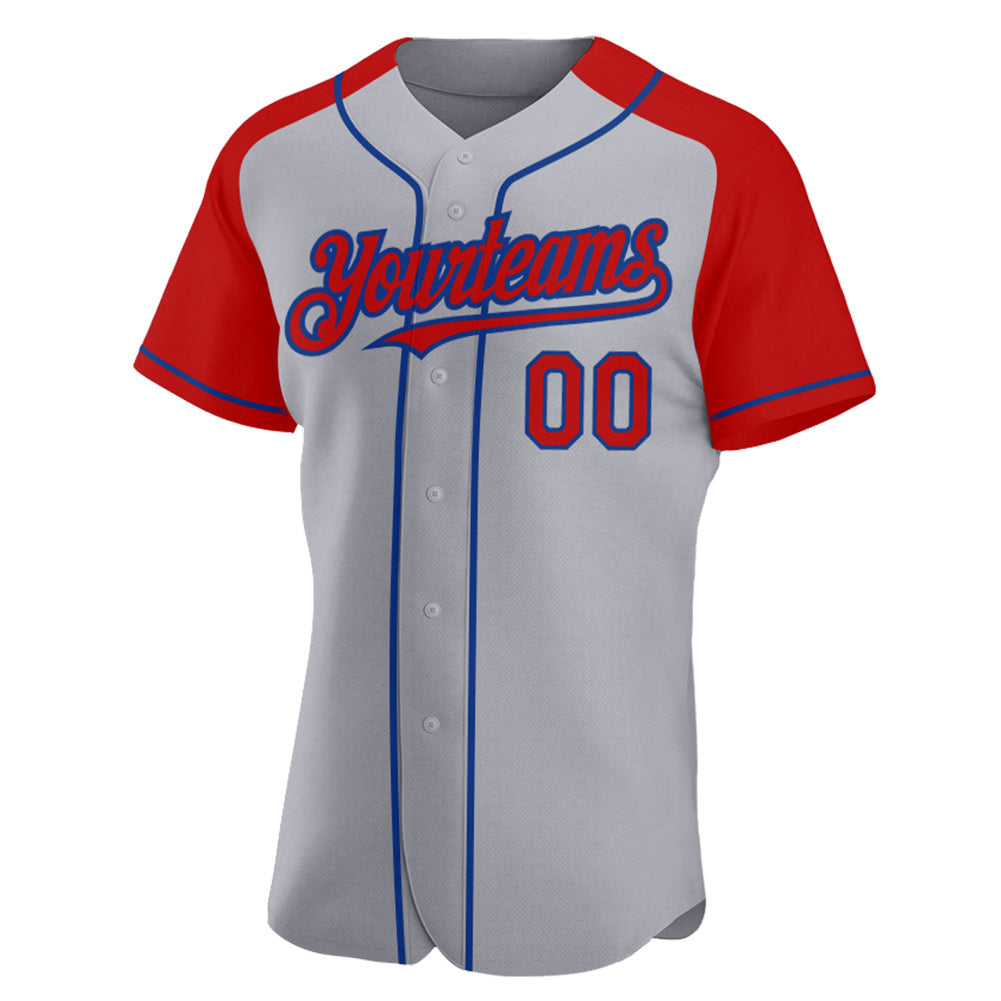Custom Gray Red-Royal Authentic Raglan Sleeves Baseball Jersey view 2