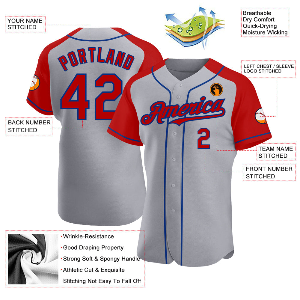 Custom Gray Red-Royal Authentic Raglan Sleeves Baseball Jersey view 3