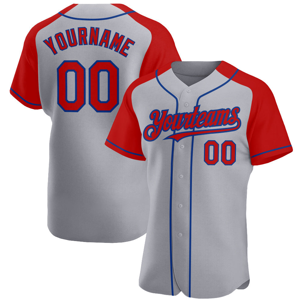 Custom Gray Red-Royal Authentic Raglan Sleeves Baseball Jersey - Main View