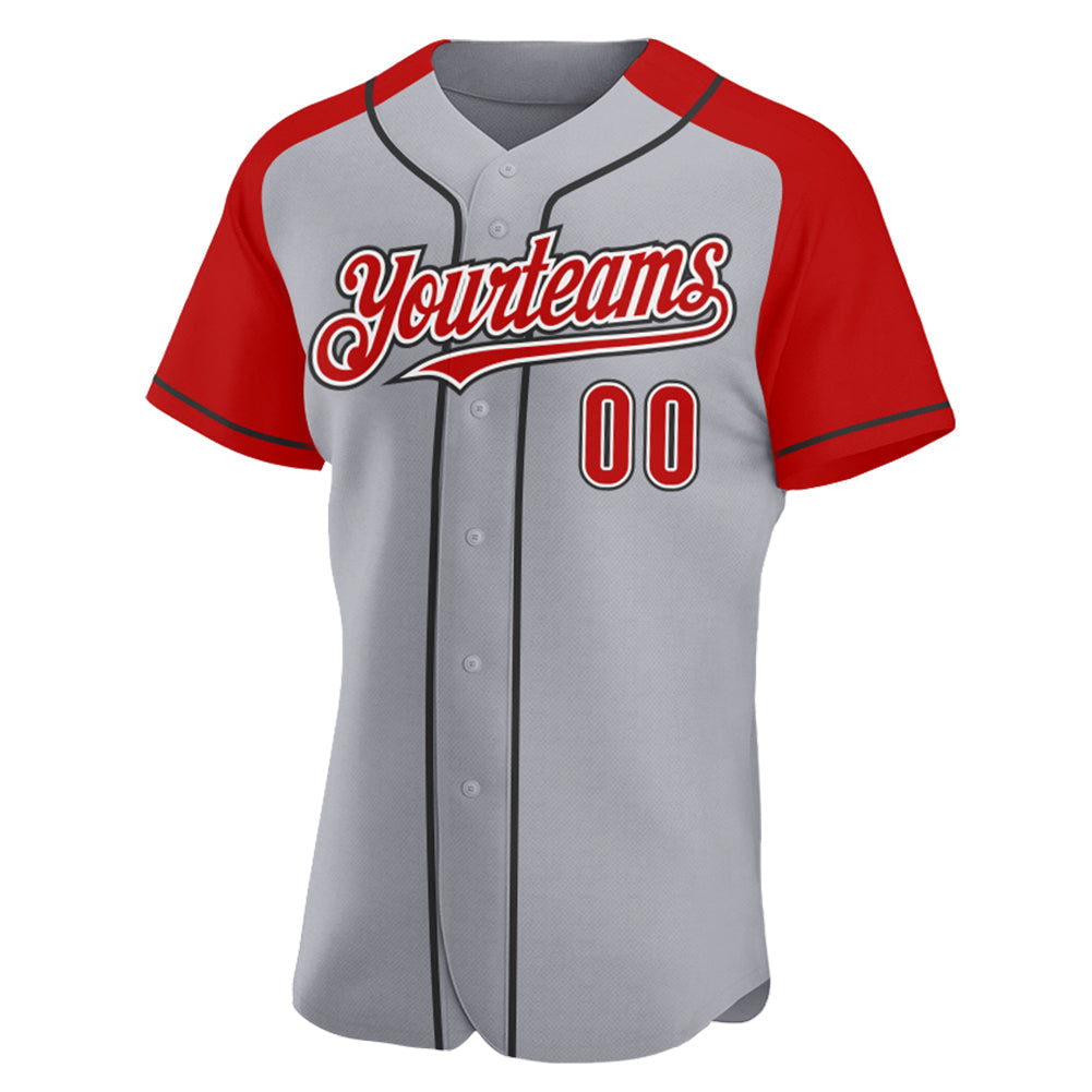Custom Gray Red-Black Authentic Raglan Sleeves Baseball Jersey view 2