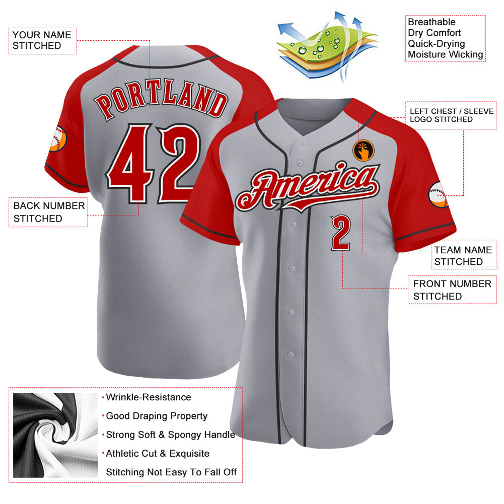 Custom Gray Red-Black Authentic Raglan Sleeves Baseball Jersey view 3