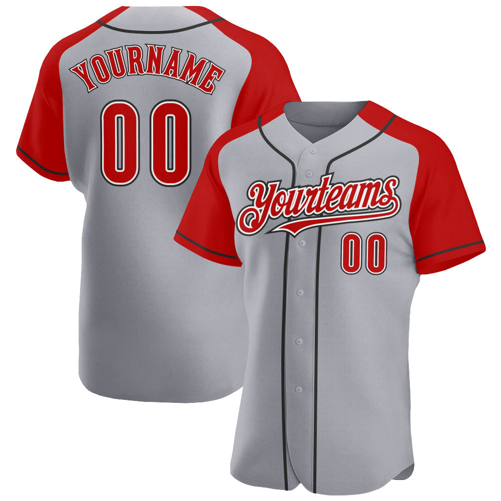 Custom Gray Red-Black Authentic Raglan Sleeves Baseball Jersey - Main View