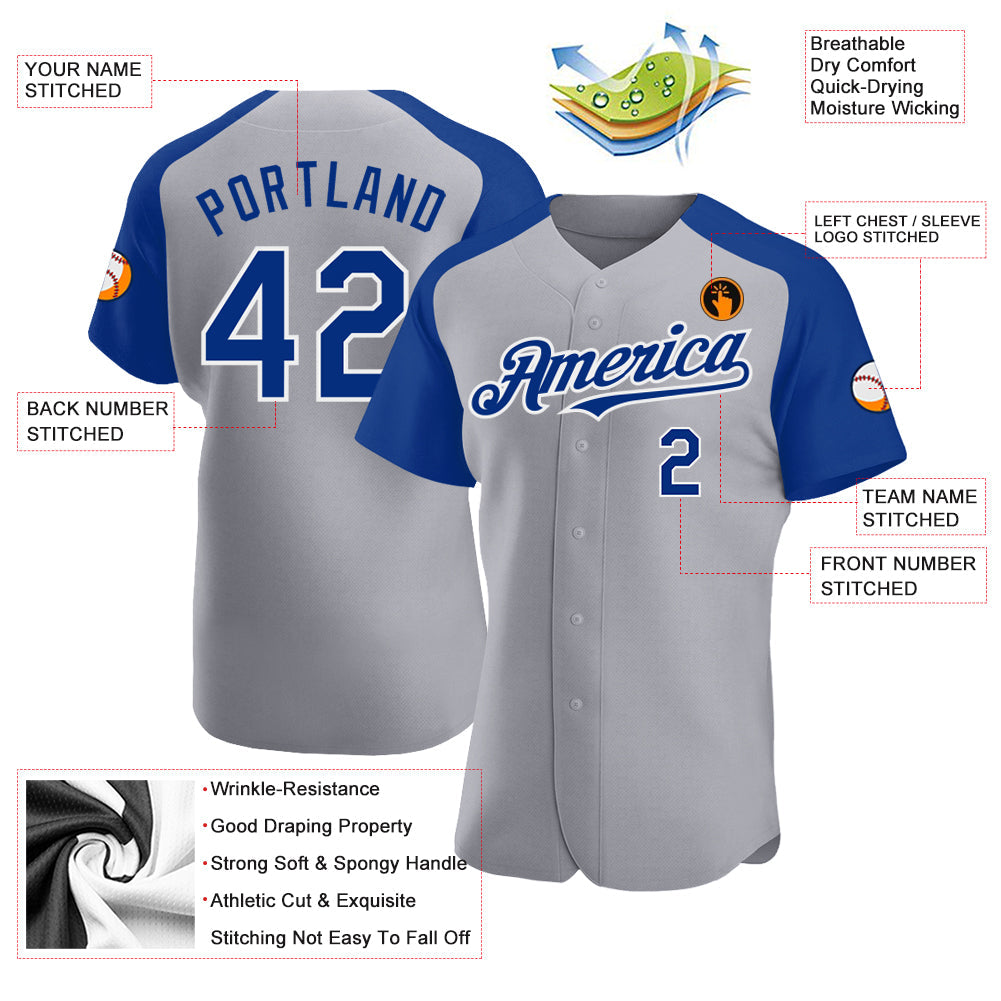 Custom Gray Royal-White Authentic Raglan Sleeves Baseball Jersey view 3