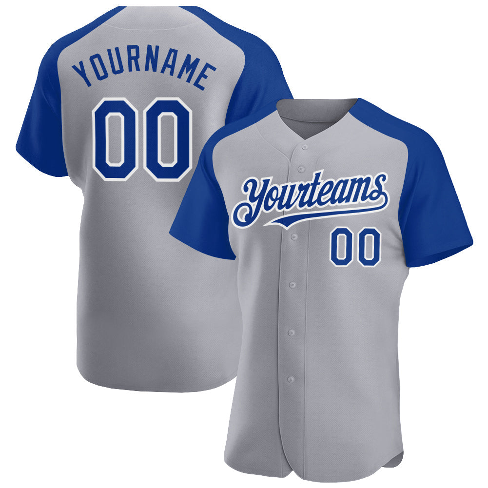 Custom Gray Royal-White Authentic Raglan Sleeves Baseball Jersey - Main View