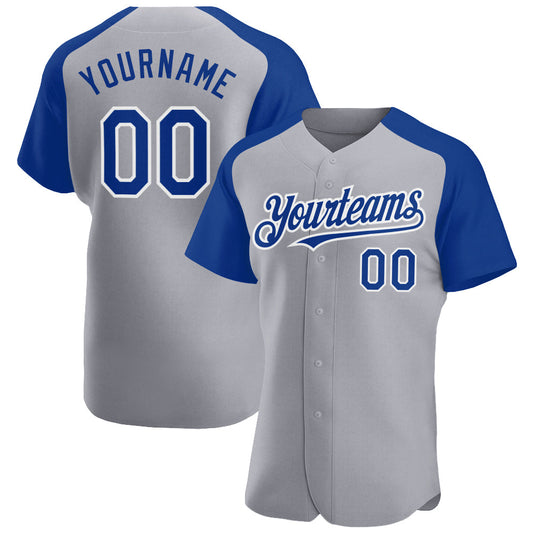 Custom Gray Royal-White Authentic Raglan Sleeves Baseball Jersey - Main View
