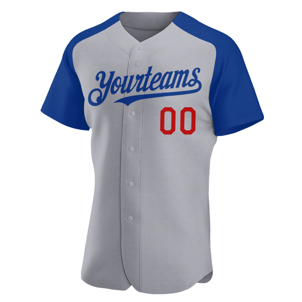 Custom Gray Royal-Red Authentic Raglan Sleeves Baseball Jersey view 2