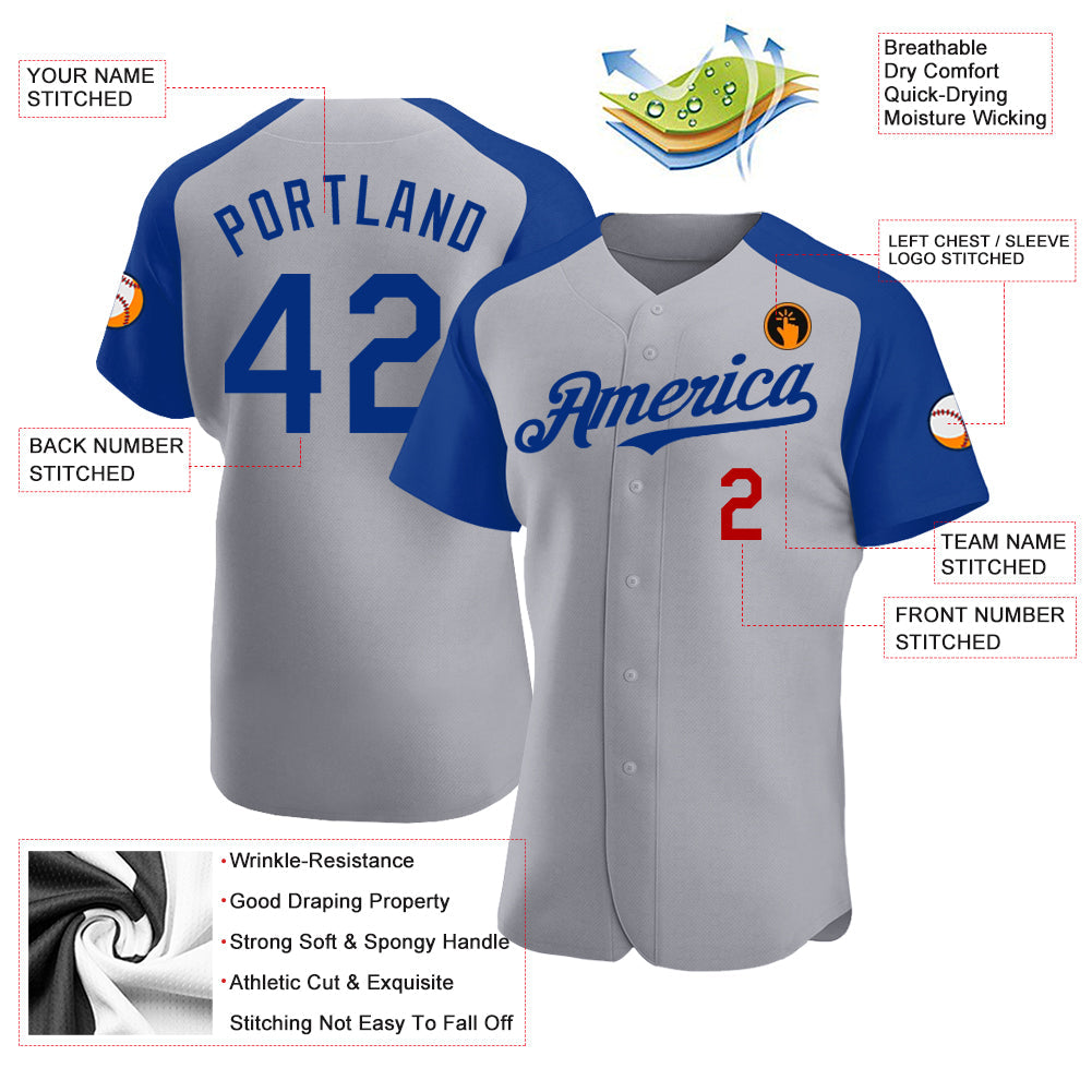 Custom Gray Royal-Red Authentic Raglan Sleeves Baseball Jersey view 3