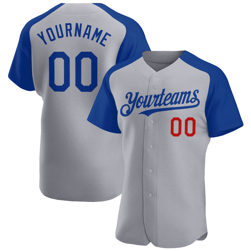 Custom Gray Royal-Red Authentic Raglan Sleeves Baseball Jersey - Main View