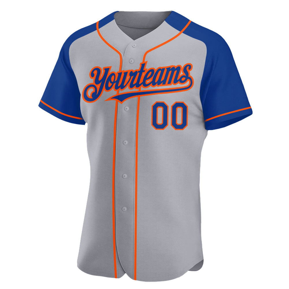 Custom Gray Royal-Orange Authentic Raglan Sleeves Baseball Jersey view 2