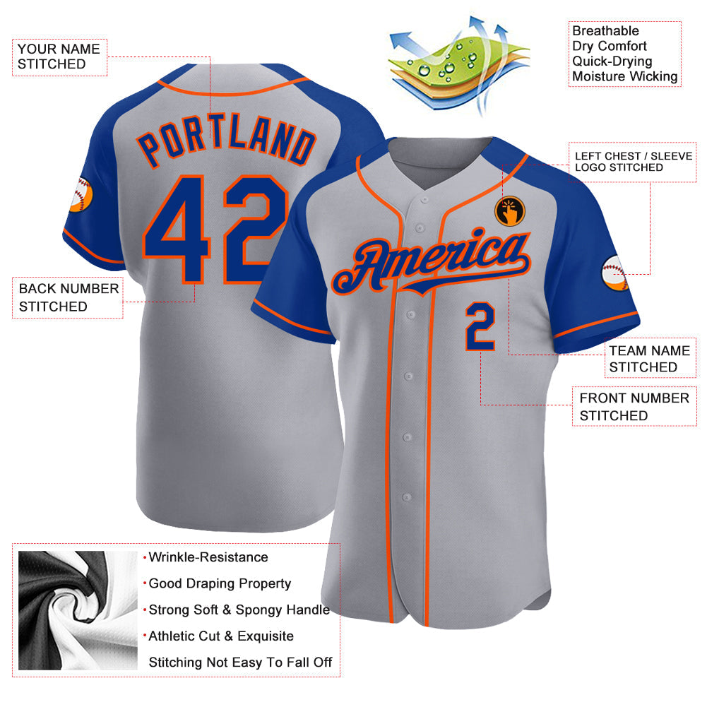 Custom Gray Royal-Orange Authentic Raglan Sleeves Baseball Jersey view 3