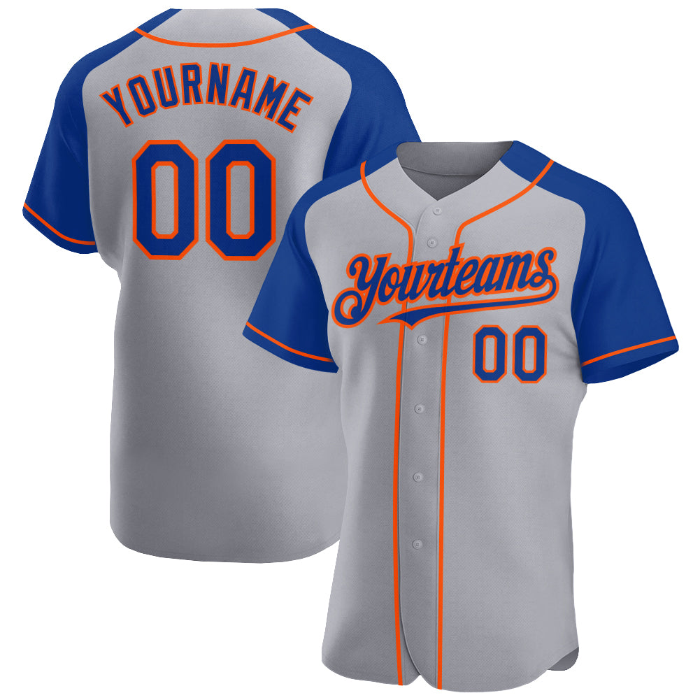 Custom Gray Royal-Orange Authentic Raglan Sleeves Baseball Jersey - Main View