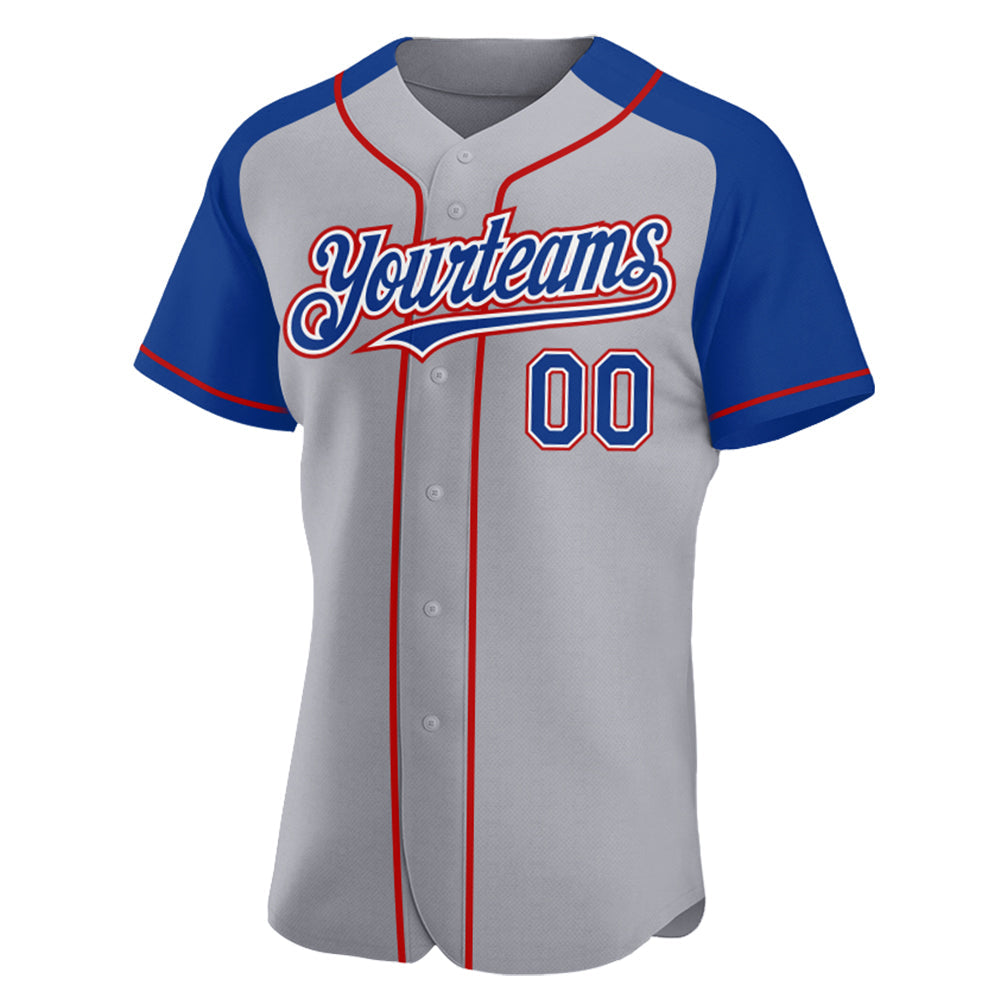Custom Gray Royal-Red Authentic Raglan Sleeves Baseball Jersey view 2