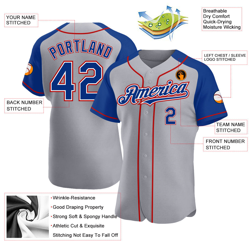 Custom Gray Royal-Red Authentic Raglan Sleeves Baseball Jersey view 3