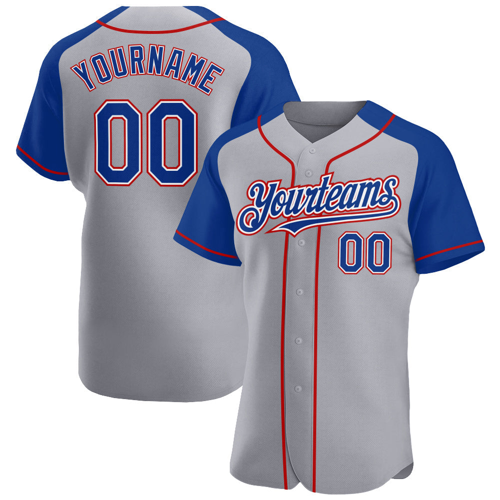 Custom Gray Royal-Red Authentic Raglan Sleeves Baseball Jersey - Main View