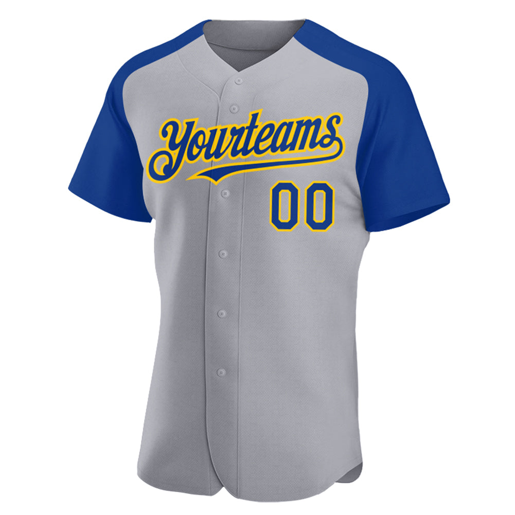 Custom Gray Royal-Yellow Authentic Raglan Sleeves Baseball Jersey view 2