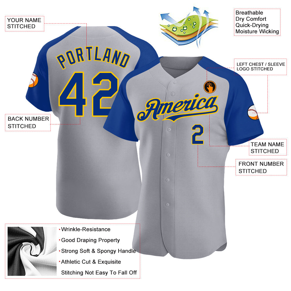 Custom Gray Royal-Yellow Authentic Raglan Sleeves Baseball Jersey view 3