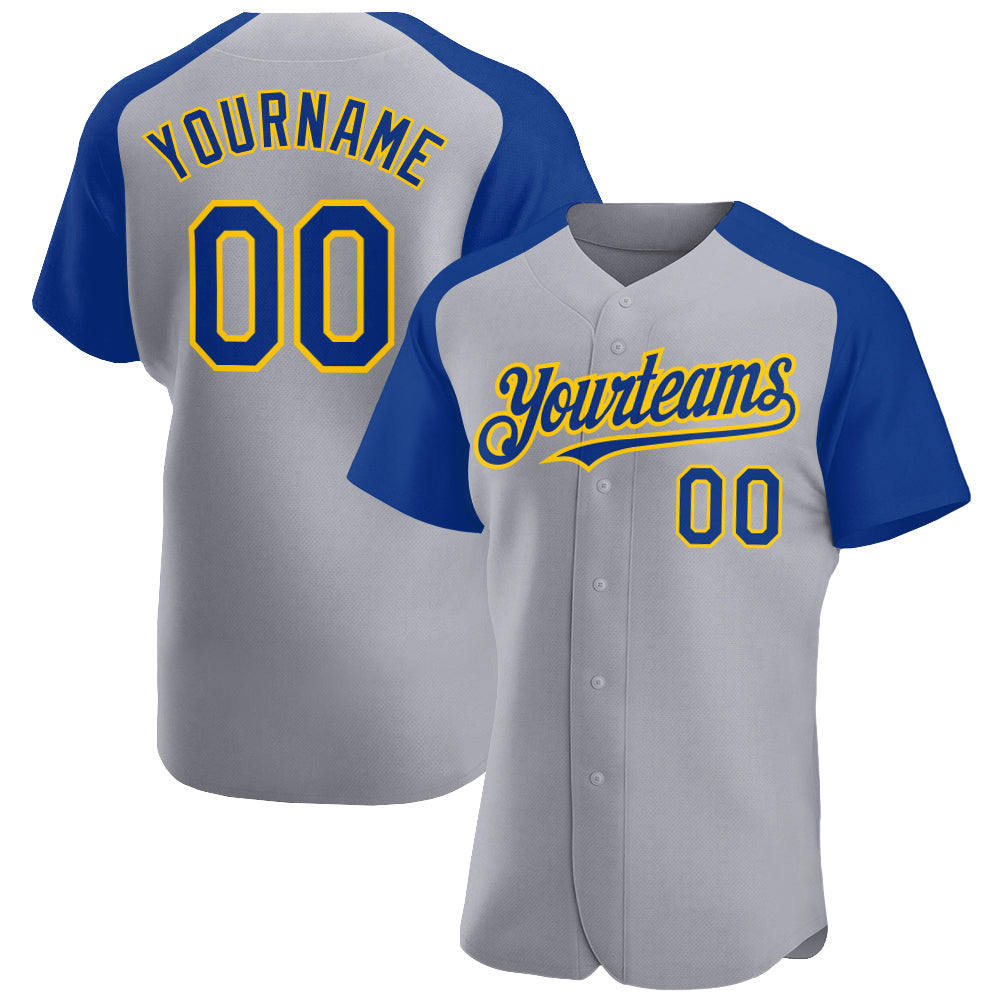 Custom Gray Royal-Yellow Authentic Raglan Sleeves Baseball Jersey - Main View
