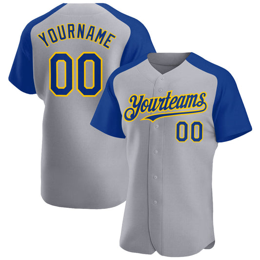 Custom Gray Royal-Yellow Authentic Raglan Sleeves Baseball Jersey - Main View