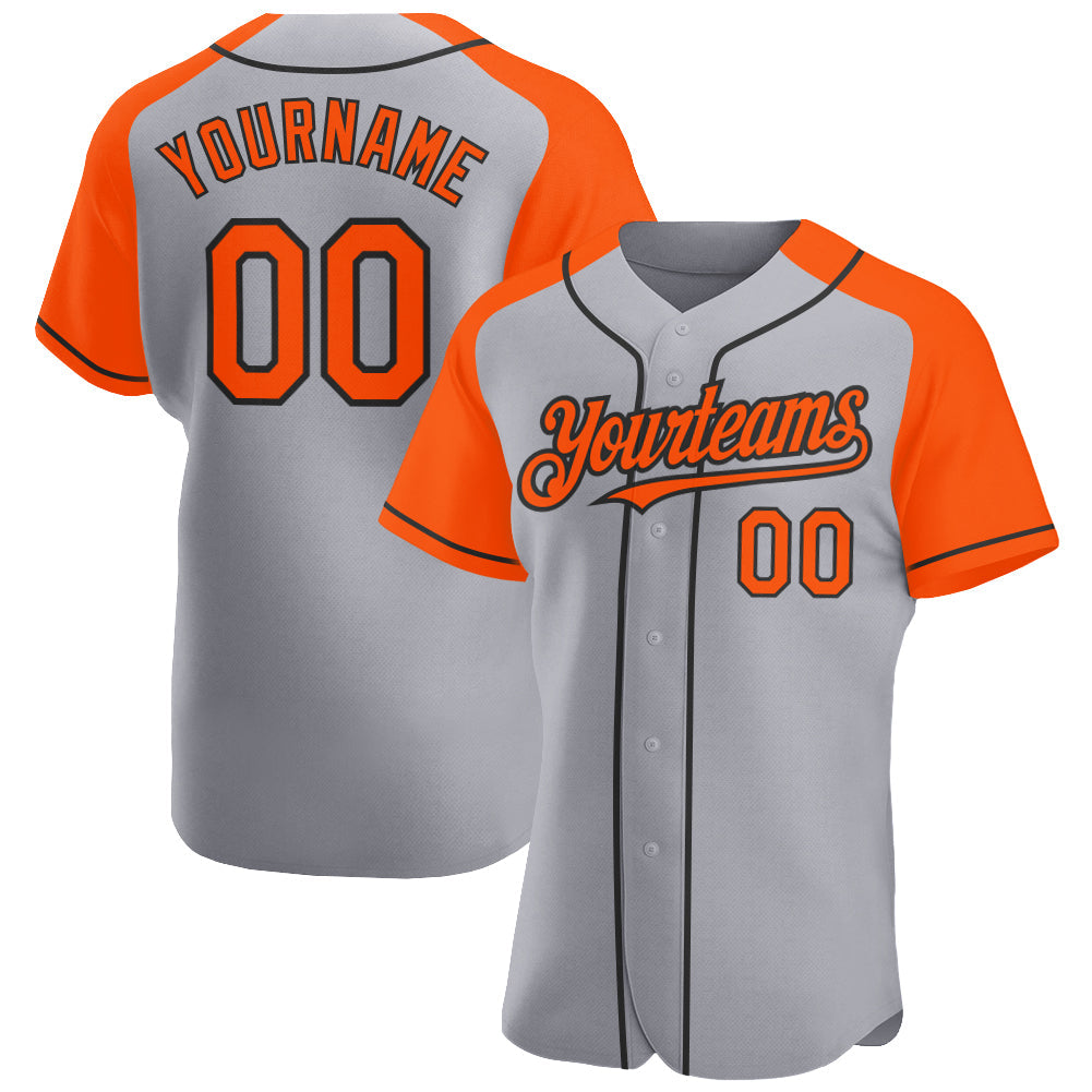 Custom Gray Orange-Black Authentic Raglan Sleeves Baseball Jersey - Main View