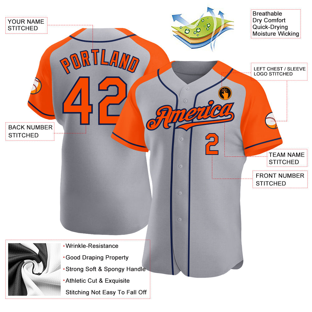 Custom Gray Orange-Navy Authentic Raglan Sleeves Baseball Jersey view 3