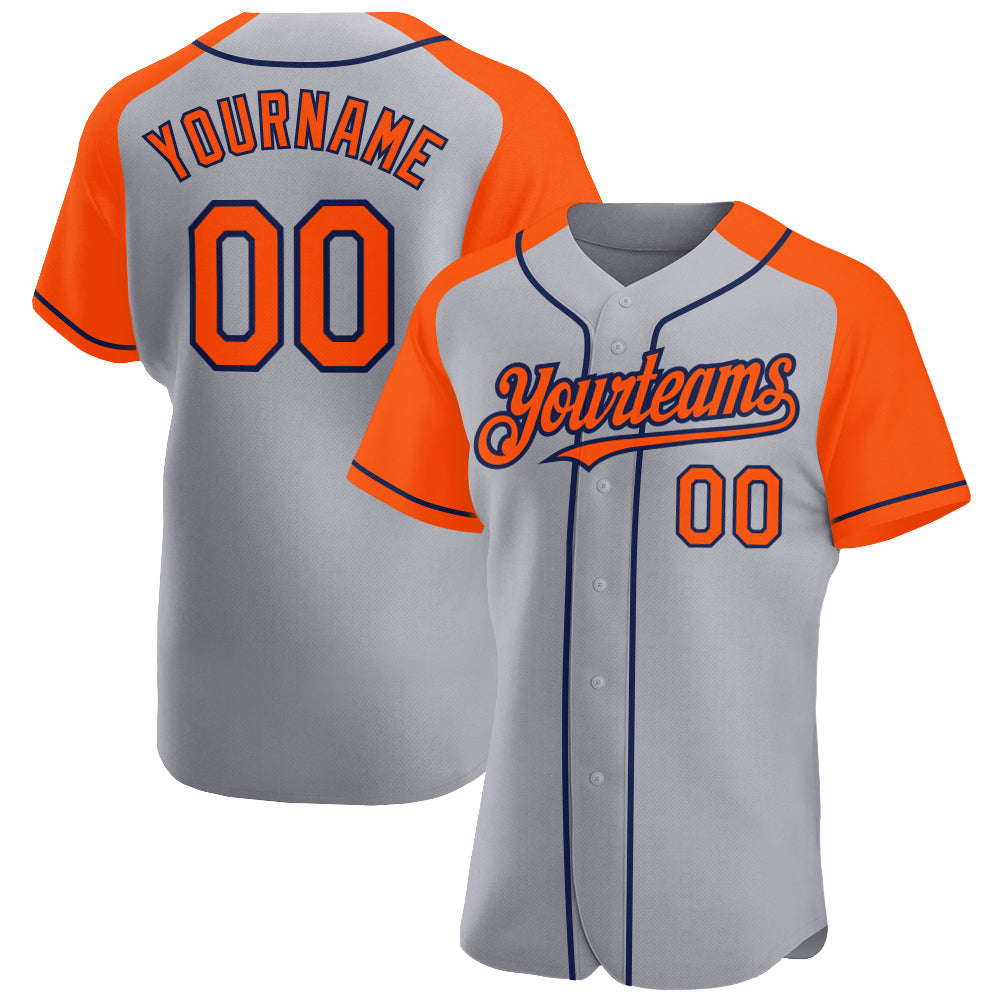 Custom Gray Orange-Navy Authentic Raglan Sleeves Baseball Jersey - Main View