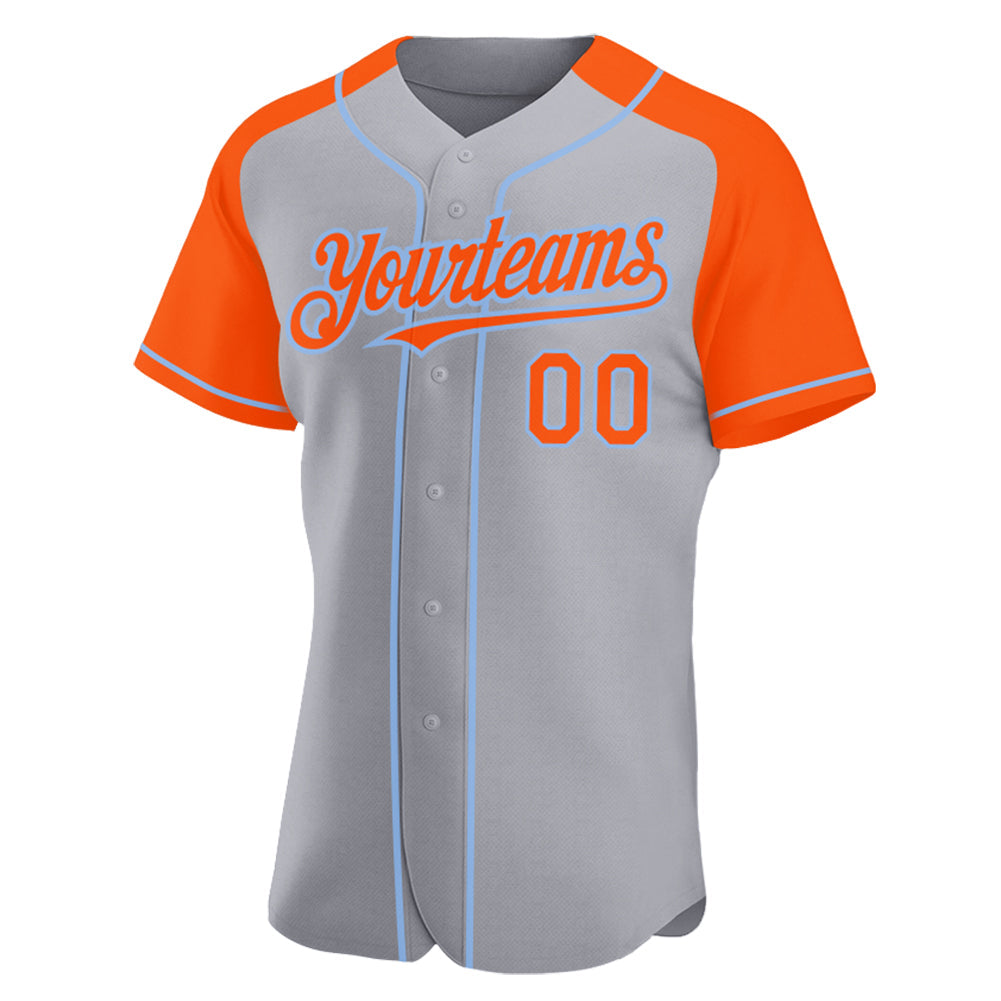 Custom Gray Orange-Light Blue Authentic Raglan Sleeves Baseball Jersey view 2